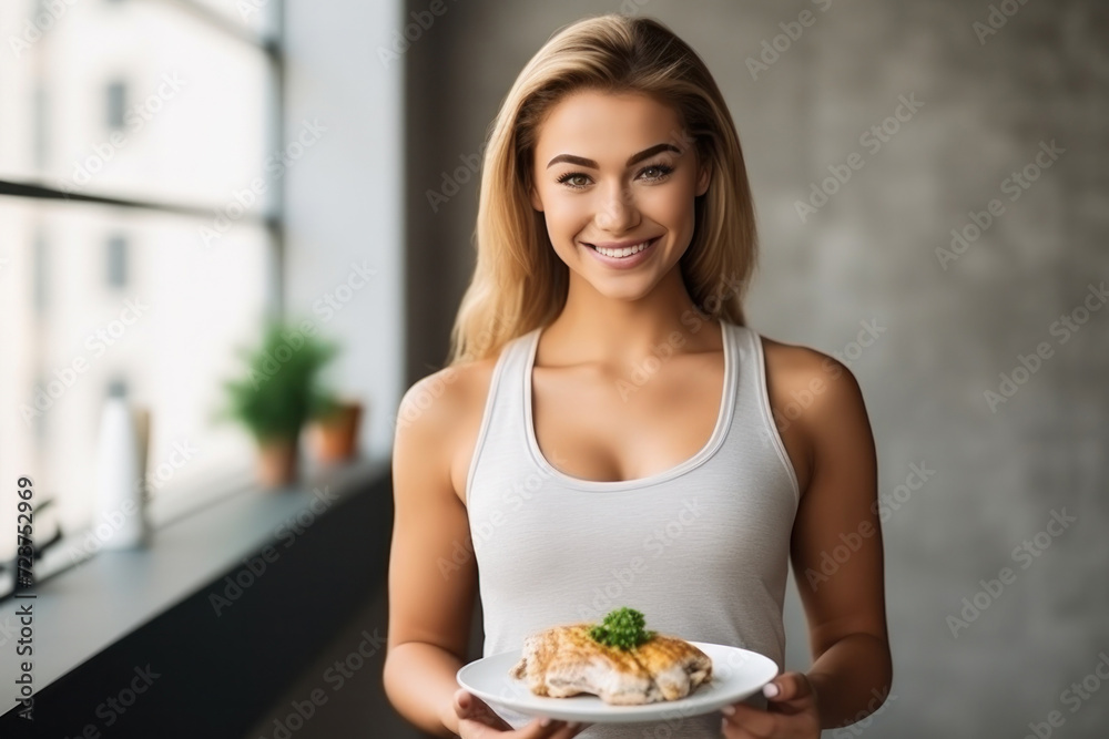 A fit and slim woman holding a plate of fresh, healthy food, emphasizing a balanced lifestyle.