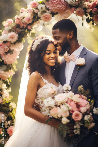 A loving black couple shares a romantic kiss under a flower arch in a summer wedding.