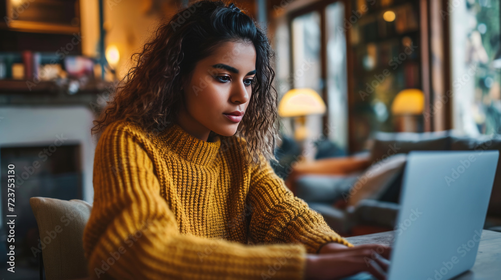 Young woman is focused on working on her laptop in a modern office