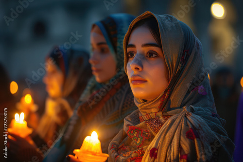 A group of women holding candles in contemplation during a twilight ceremony, expressing reverence and collective solemnity. Concept of International Women's Day.