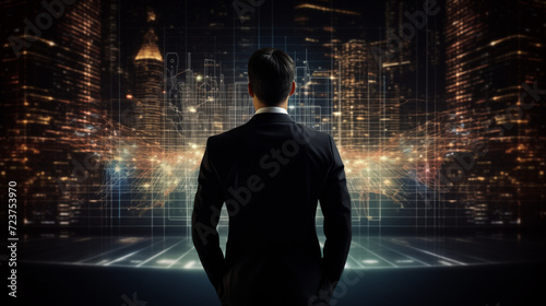 Businessman watching at diagram in back view. Man with business graph