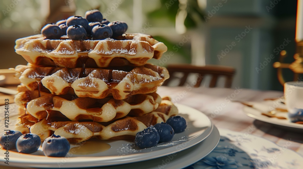 Belgian waffles with blueberries and maple syrup on the table