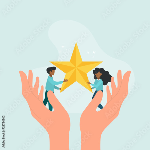 Giant hands help a guy and a woman reach the star. The concept of achieving success in a team. Vector illustration.