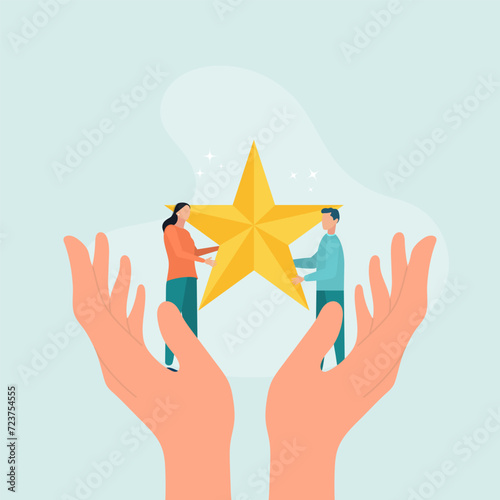 Giant hands help a guy and a woman reach the star. The concept of achieving success in a team. Vector illustration.