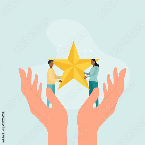 Giant hands help a guy and a woman reach the star. The concept of achieving success in a team. Vector illustration.