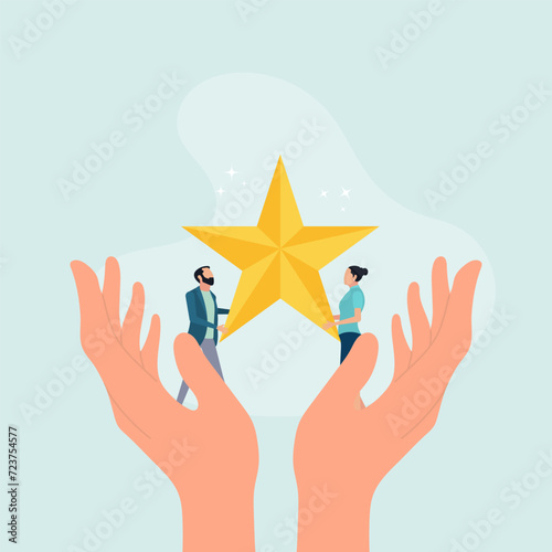 Giant hands help a guy and a woman reach the star. The concept of achieving success in a team. Vector illustration.