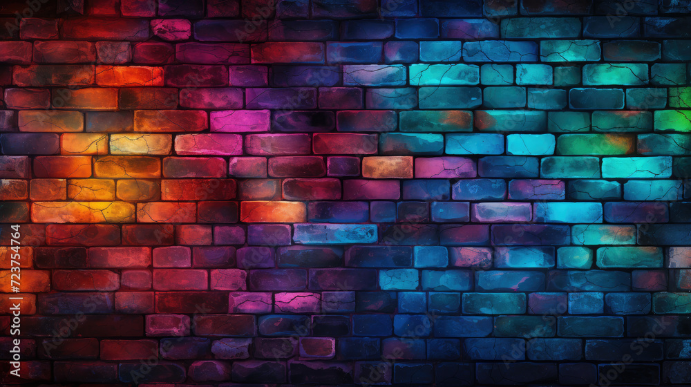 Brick wall background, electric colors grunge texture or pattern for design. Generative ai