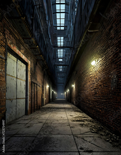 Creepy dark alleyway low lighting lined with closed doorways. 
