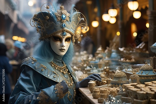 Venetian masks at dawn in venice. Carnival in italy. People in suits. Attention to detail.