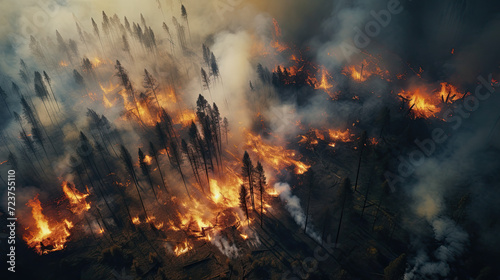 Aerial view real Forest fire disaster wildfire natural disaster