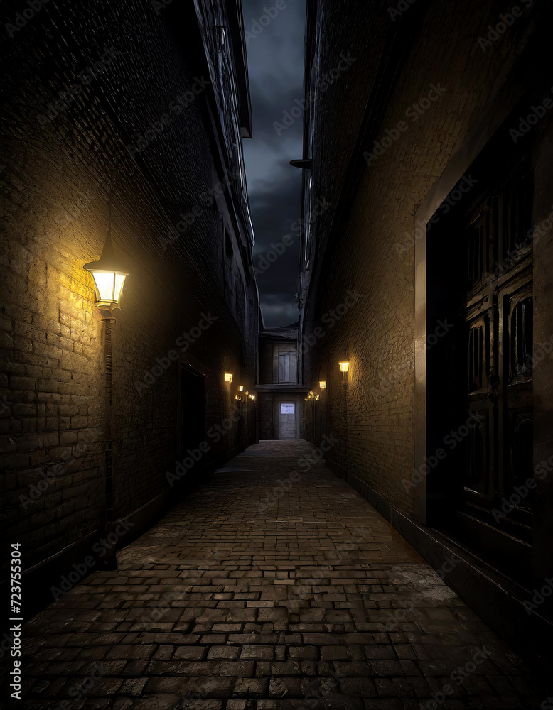 Creepy dark alleyway low lighting lined with closed doorways. 