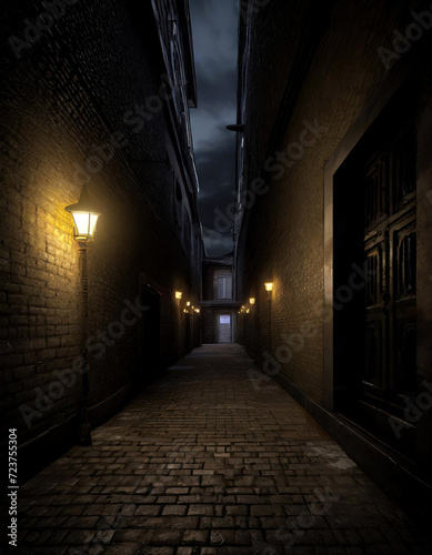 Creepy dark alleyway low lighting lined with closed doorways. 