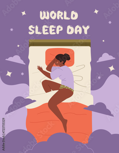 World sleep day poster. Sleeping girl in pajamas in bed on purple background with stars and clouds