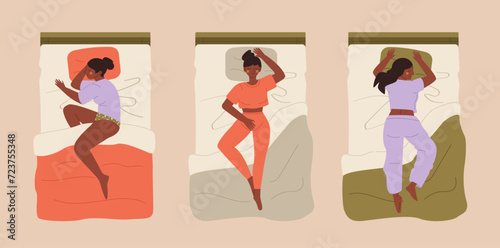 Women's sleeping positions set. Girls in pajamas sleep in bed.  Female characters relaxing in different positions.