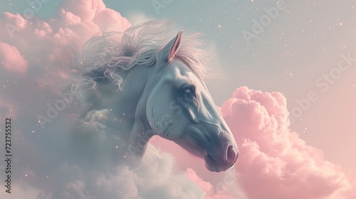 Portrait of a beautiful thoughtful white horse head among soft pink clouds on light pastel blue background. Dream fantasy surreal concept