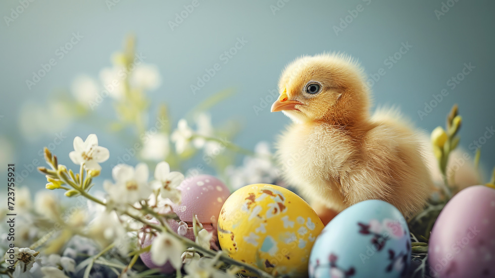 A curious fluffy yellow feathers chick nestled among pastel colored Easter eggs and blooming flowers on a minimal blue backdrop. Happy spring holidays concept