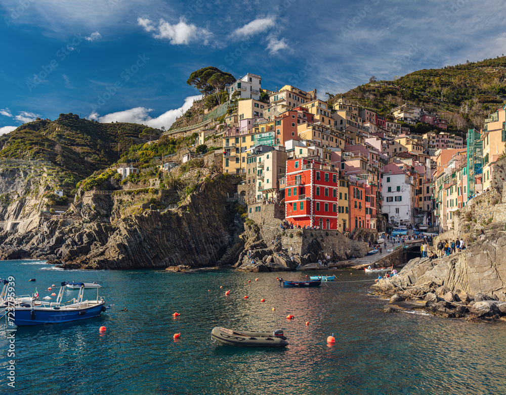 Riomaggiore, the first of the Cinque Terre towns, a village in the province of La Spezia, situated in a small valley in the Liguria region of Italy.