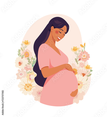 Cute pregnant woman expecting the birth of a child, pregnancy card with flowers, mother s day, motherhood and family. Flat cartoon vector illustration.