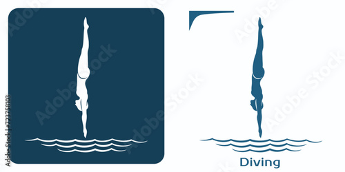  Icons of the diving athlete. Diver emblem.Woman jumps upside down.