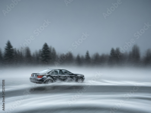 Car driving through frozen forest