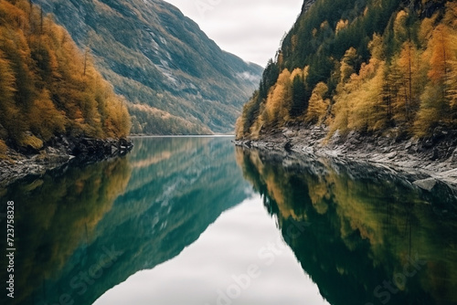 realistics Norwegian fjord, with its tranquil reflections, pristine surroundings, and harmonious blend of land and sea, exudes a quiet majesty that leaves one in awe