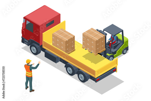 Isometric Forklift Tractor Loading Package Boxes on Pallet into Cargo Container. Delivery and Logistic, Storage and Truck, Transportation Industry, Delivery and Logistic.