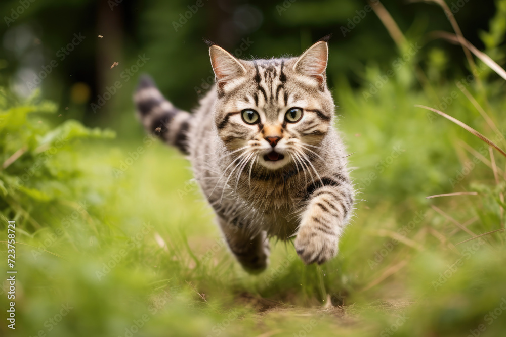 Cat running towards camera on grass Cat running towards camera on grass