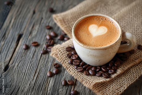 Latte coffee cup with heart shape and coffee beans on wooden background. Generative ai.