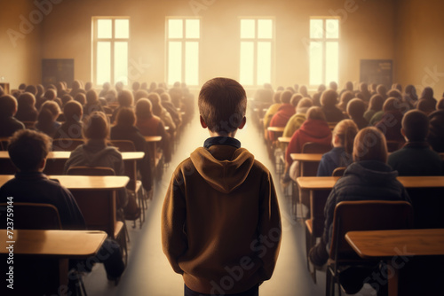 Classroom background, male student standing facing back, back to school. Generative ai