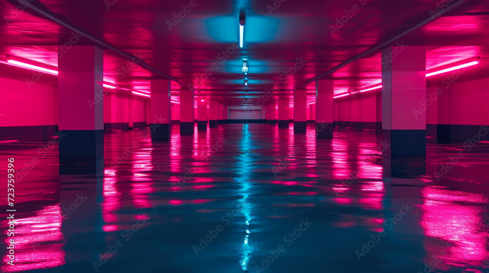 Urban Oasis: Neon Dreams in Flooded Parkade