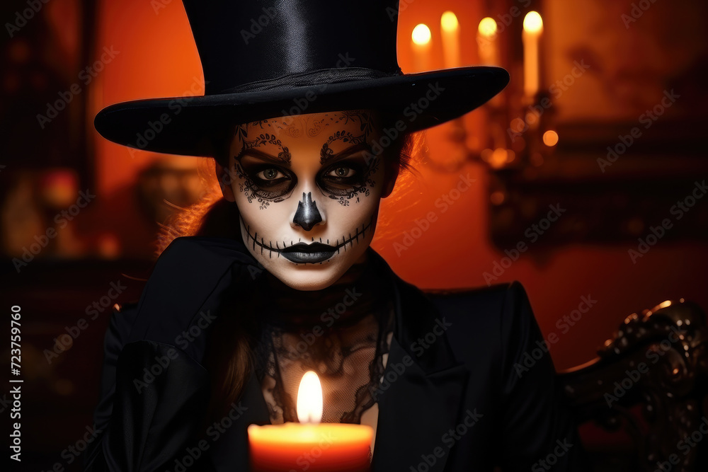 Closeup shot of woman in black costume and halloween make up on red light background