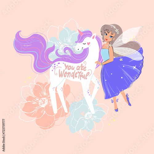 Cute unicorn and fairy on a pink background. Vector illustration for t-shirt design, nursery for kids in boho style