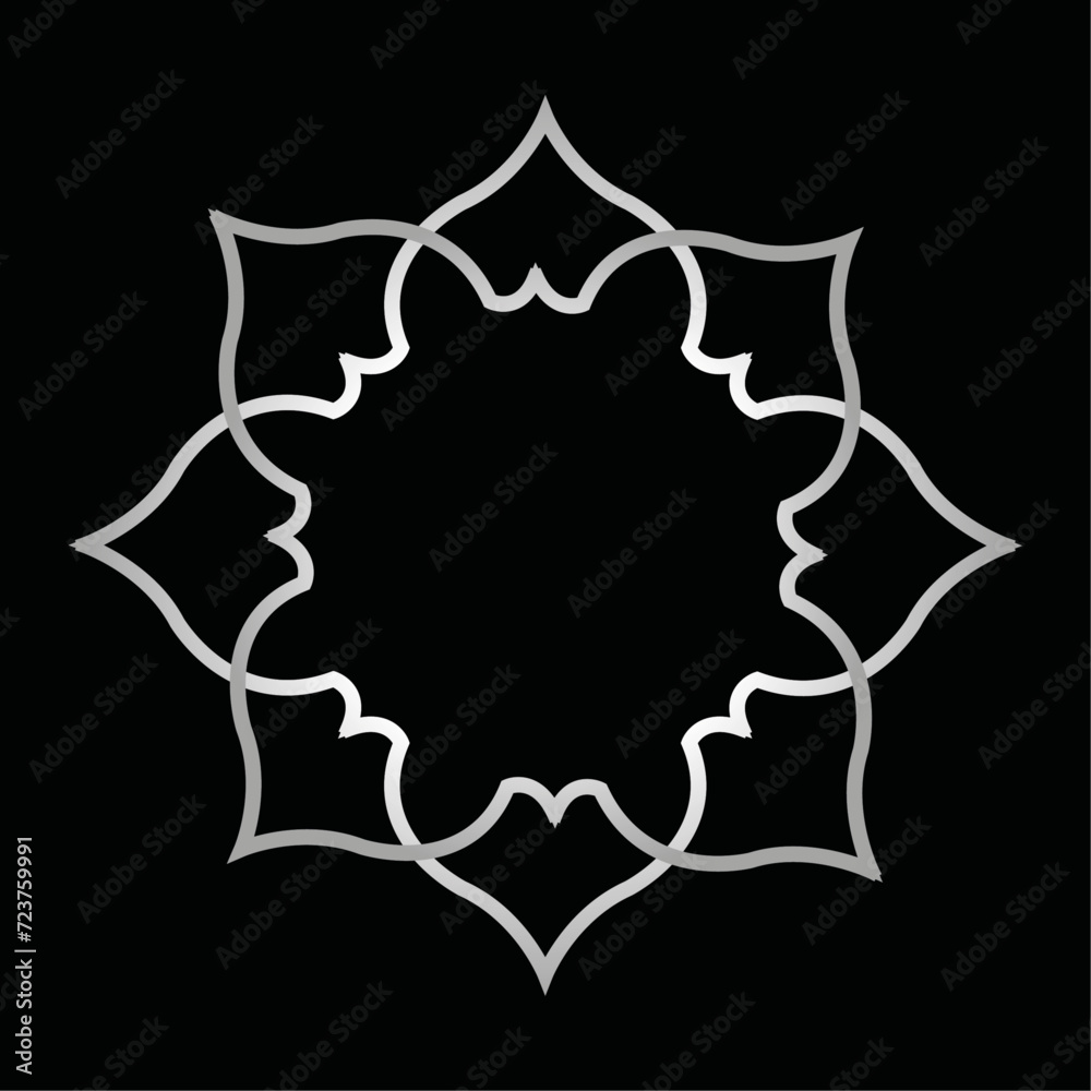 Islamic frame for Ramadan. Arab style border flower in gray white colour vector illustration isolated on black background.