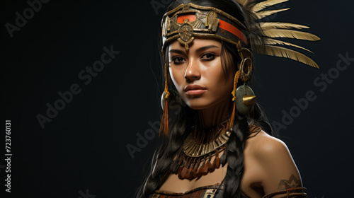 Beautiful Aztec tribal woman in traditional costume. Attractive young Aztec female fighter. Aztec shaman girl with a feather hat standing on a dark background. A mythical warrior woman.
