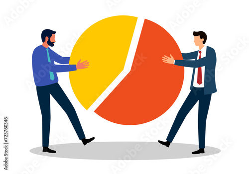 Market share percentage of industry sale, business competitor fight or battle to gain more sale concept, businessmen fighting for more market share pie chart.