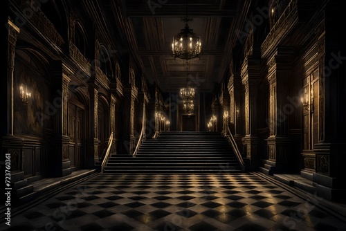 a royal palace hallway with stairs illuminated at night