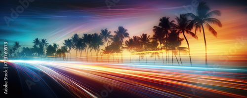 blurred traffic background on tropical landscape with palm trees