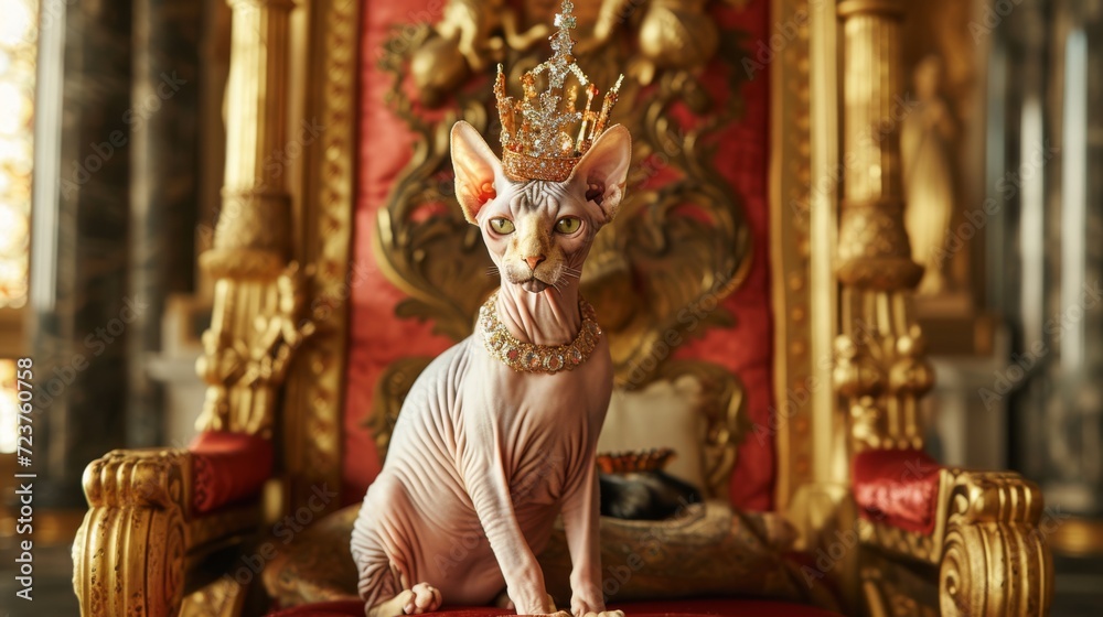 A majestic Sphynx cat wearing a jeweled crown and necklace sits on a luxurious red and gold throne.