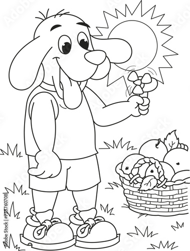 Coloring page outline of the cartoon smiling cute little dog in the heat. Colorful vector illustration, summers coloring book for kids.