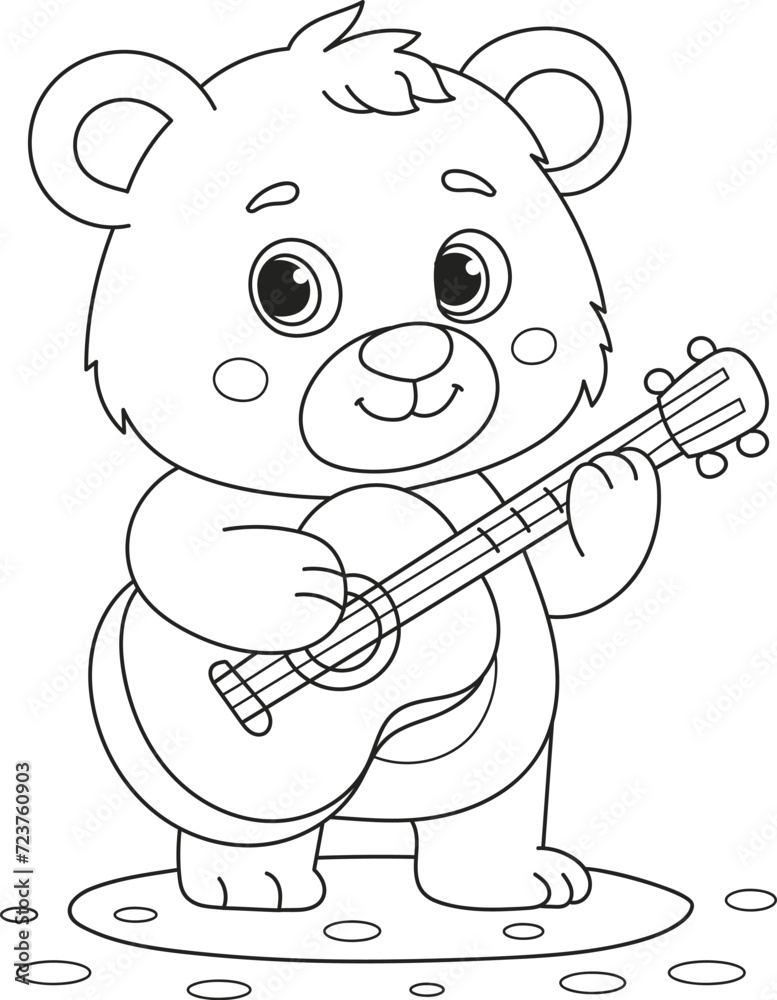 Coloring page outline of cartoon smiling cute bear plays guitar ...