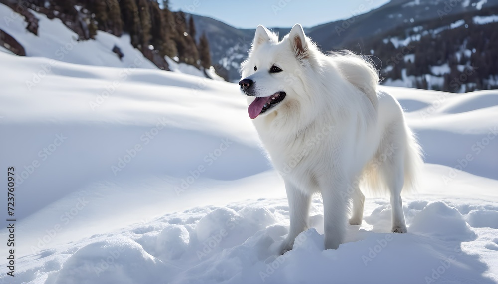 Fototapeta premium White fluffy cute dog on white snow in the mountains in winter