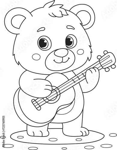 Coloring page outline of cartoon smiling cute bear plays guitar. Colorful vector illustration, summer coloring book for kids.