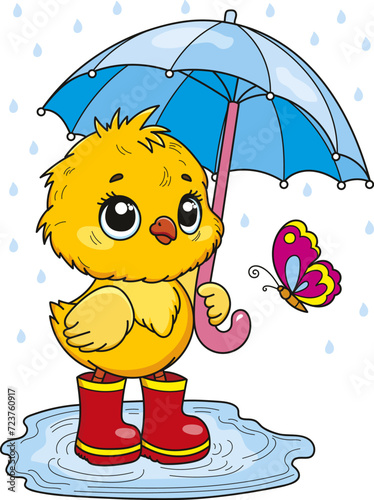 Coloring page outline of cartoon smiling cute little chick with umbrella and small butterfly. Colorful vector illustration, summer coloring book for kids.