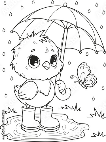 Coloring page outline of cartoon smiling cute little chick with umbrella and small butterfly. Colorful vector illustration, summer coloring book for kids.