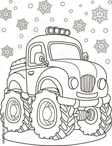 Coloring page outline of the cartoon big truck car. Colorful vector illustration, winter coloring book for kids.