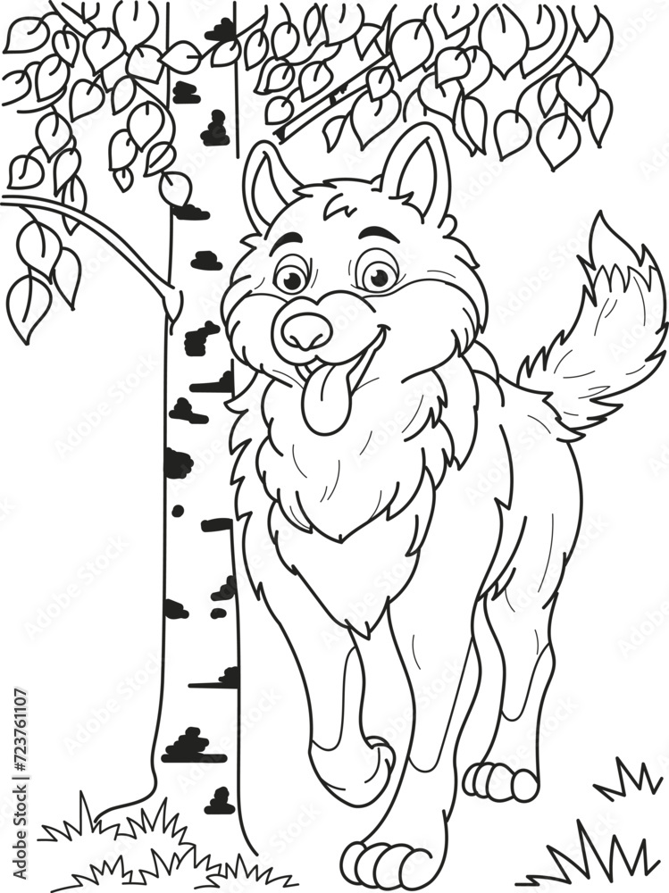 Coloring page outline of the cartoon smiling cute wolf near a tree ...