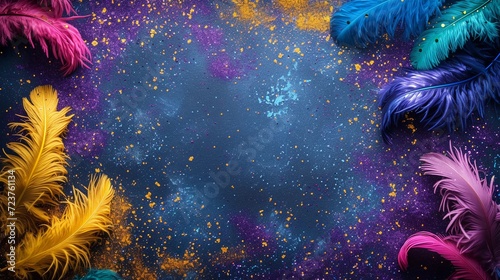 Mardi Gras Masquerade Banner with with glitter, feather, and copy space. Carnival Invitation in purple, green, and yellow colors. Wide format background. AI Generative