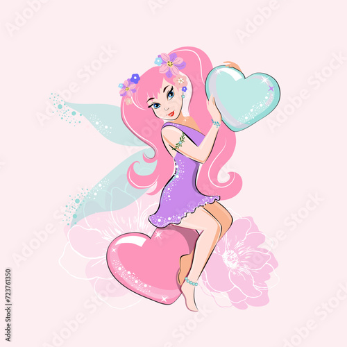 Cute card with a beautiful cartoon fairy and a blue heart. Vector illustration for children. Valentine's Day concept