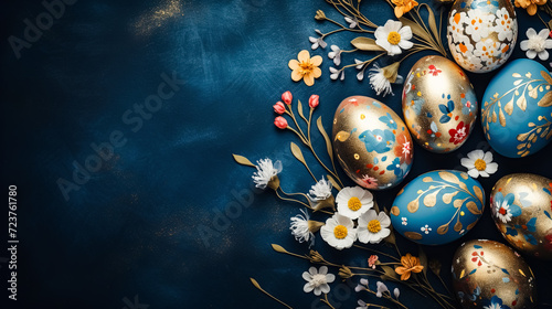 Easter colorful eggs and flowers on a dark blue painted background. Top view with copy space. Greeting card on an Easter theme. Happy Easter concept.