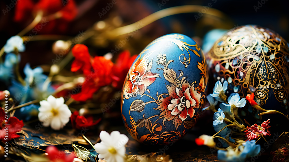 Colorful easter eggs and spring flowers on a dark blue background. Selective focus. Greeting card on an Easter theme. Happy Easter concept.